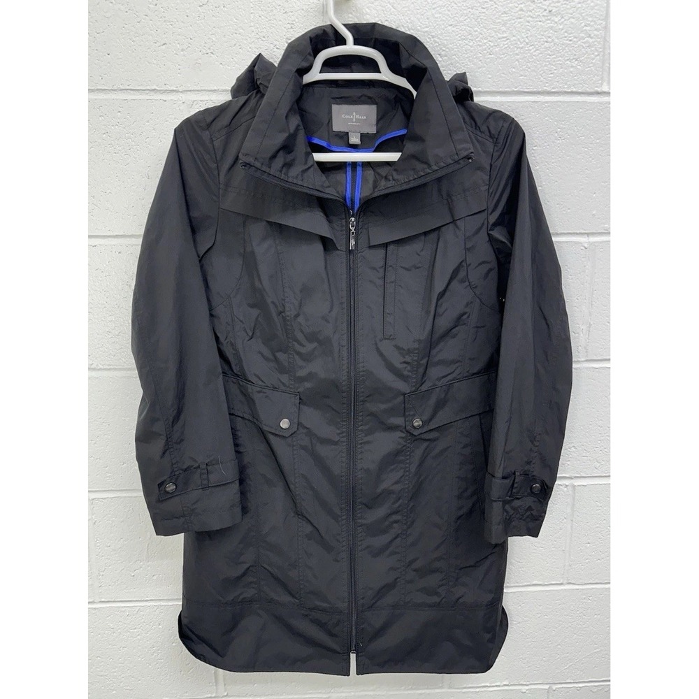 Cole Haan Women's Black Rain Trench Coat Hidden Hood Winter Jacket Packable Sz L